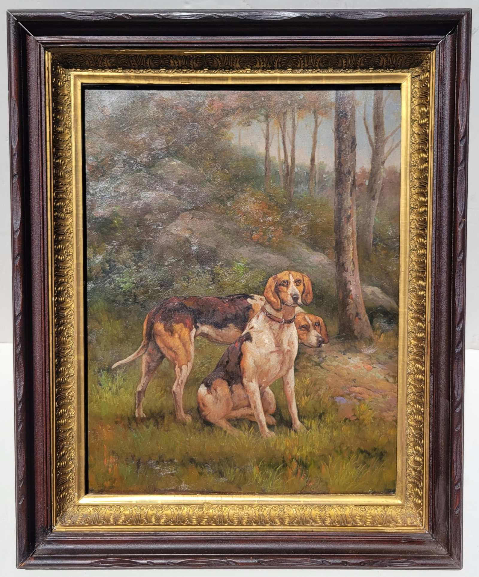 Fine Vintage Hunting Dogs Painting In Earlier Deep Victorian Walnut And Gesso Finger Carved Cove (1 of 2)