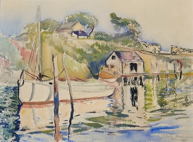 Richard Hayley Lever 1937 Watercolor Moored Boat Boathouse Shoreline Landscape 15.5in x 19.5in