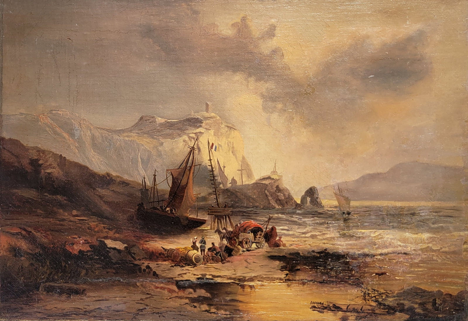 Mystery 19c Continental Harbor Boats Fisherfolk Shoreline Boats Beach Landscape Marine Nautical (1 of 3)