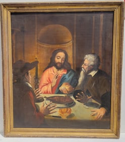 Large John Or Gustavus Hesselius Manner Christ At Emmaus Religious Biblical Christian Oil Genre New