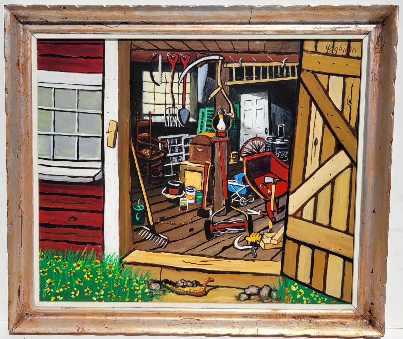 Edmund Yaghjian Large Under My Summer Studio Farm Genre Modernist Still Life Painting With Artist (1 of 5)