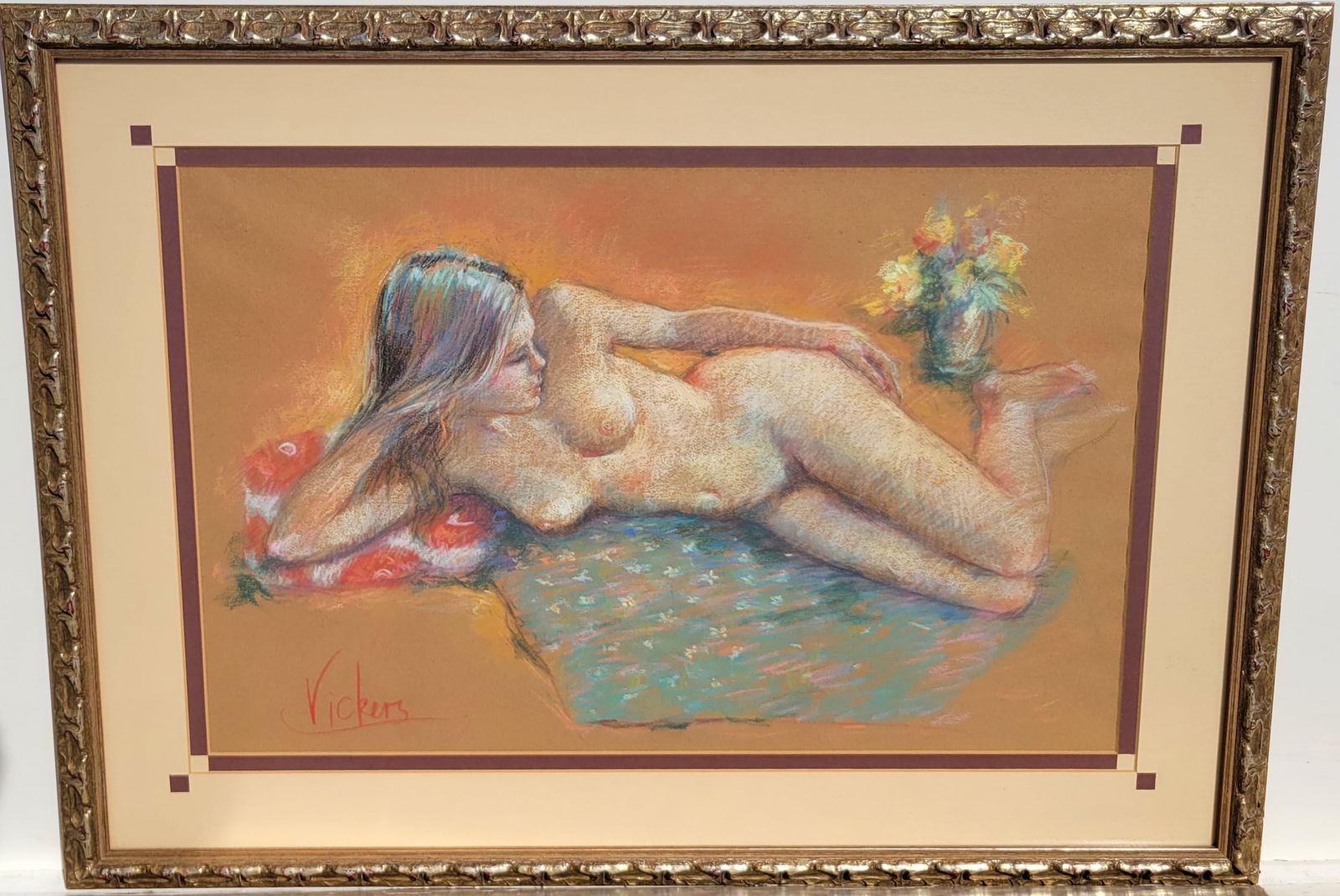 Mary Vickers Reclining Nude Pastel Vintage MCM Pin Up 16in x 24in w COA Provenance: Mary Vickers Reclining Nude Pastel Vintage MCM Pin Up 16in x 24in w COA Provenance. 24in x 32.125in x 1in framed, Merrill Chase certificate of authenticity, artist reproduction right statement and art