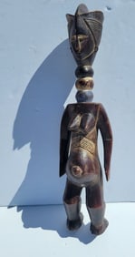 African Sculpture Feet Backwards Possibly Congo Ivory Coast Painted Neck Standing Female 19.75in