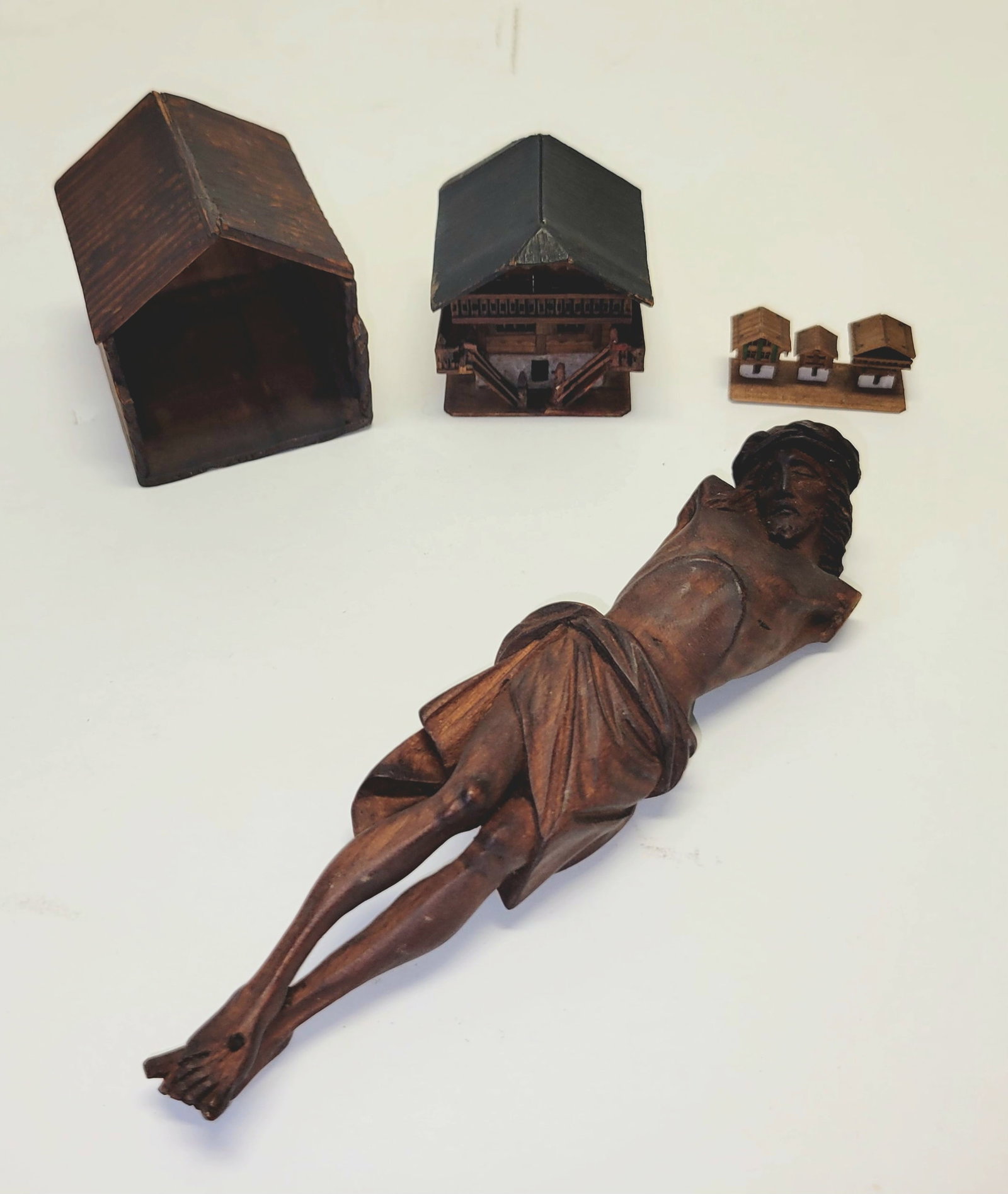 Black Forest Carving Christ Crucifixion Sculpture And Two House Models To Fix (1 of 2)