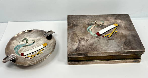 Signed Margot de Taxco Sterling Silver Mexican Artist Hand Painted Enamel Cigarette Case Humidor: Signed Margot de Taxco Sterling Silver Mexican Artist Hand Painted Enamel Cigarette Case Humidor Plus Ashtray 2pc Set 16.5 Tozt. Markings include Made in Mexico, sterling, and 5592 on ashtray; 5502 on