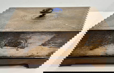 Antique Edwardian Sterling Silver Cabochon Stone Mounted 6 Inch Cigar Cigarette Tobacco Humidor Wood: Antique Edwardian Sterling Silver Cabochon Stone Mounted 6 Inch Cigar Cigarette Tobacco Humidor Wood Copper 14.4 Tozt Lid 160g. Stone appears to be lapis lazuli but is unverified. Markings include S a