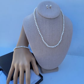Vintage Genuine Cultured Akoya Pearl 14K Gold 2 Pc Ladies Bracelet Necklace Set 35.4Tg 22.763Tdwt