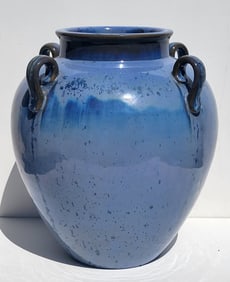 Very Large Fulper Crystalline 4 Handle 12.75in High Blue Vase 1 Handle With Hairlines Art Pottery