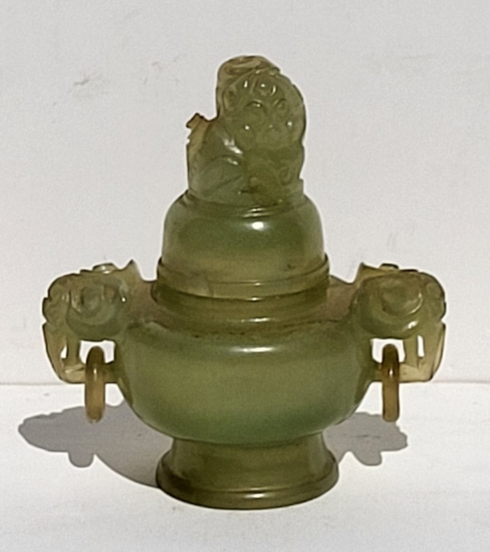 Antique Chinese Late Qing Carved Jade Elephant Ring Handle Foo Lid Censer Form Jar 4.3in (1 of 7)
