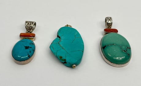 Lot 3 Large Native American Influence Turquoise Coral 925 Sterling Silver Necklace Pendants