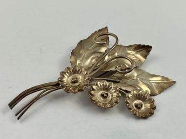 Large Sterling Silver Mid Century Modern MCM Floral 3.5 Inch Pin Brooch 0.44Tozt