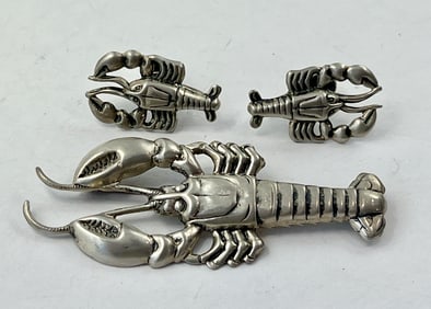 Vintage Repousse Sterling Silver Lobster Pin Brooch Earrings Danecraft 3 Pc Jewelry Suite Set