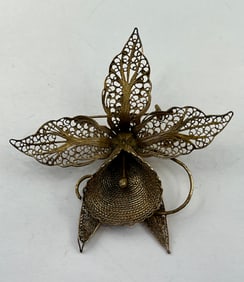 Vintage Filigree Orchid Gilt White Metal or Silver Vermeil Large Pin Brooch 0.35Tozt