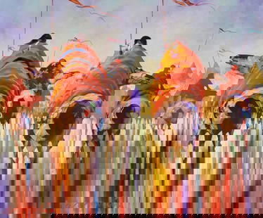 Large Bruce BC Nowlin Native American Horseback Southwest Subject Landscape Figures Semiabstract: Large Bruce BC Nowlin Native American Horseback Southwest Subject Landscape Figures Semiabstract Canvas Painting 46in x 58in. Signed lower left, signed dated or numbered and with hand prints verso, un