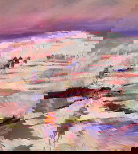 Large Bruce BC Nowlin Native American Southwest Subject Landscape Figures Semiabstract Canvas: Large Bruce BC Nowlin Native American Southwest Subject Landscape Figures Semiabstract Canvas Painting 48in x 44in. Oil or acrylic on canvas, signed lower right, signed, titled and inscribed on verso