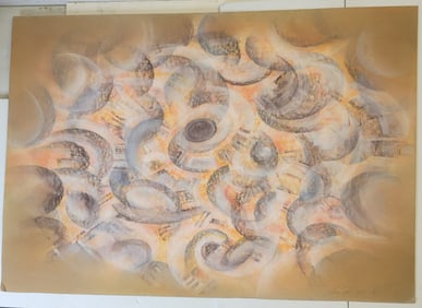 Very Large Tommy Montoya Native American Semi Abstract Pastel Painting 32.25in x 40in Than Ts Ay Tas