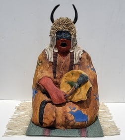 Cree Glen Le Fontaine Large Ceramic Horned Drum Native American 1987 Art Pottery 18in Statue