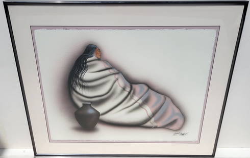 Large Robert Redbird Sr Kiowa 22.5in x 30in Painting Native American Portrait Seated Figure: Large Robert Redbird Sr Kiowa 22.5in x 30in Painting Native American Portrait Seated Figure Watercolor Ink Wash. Float mounted, 31in x 38.25in framed, metal molding.Provenance: Personal collection of