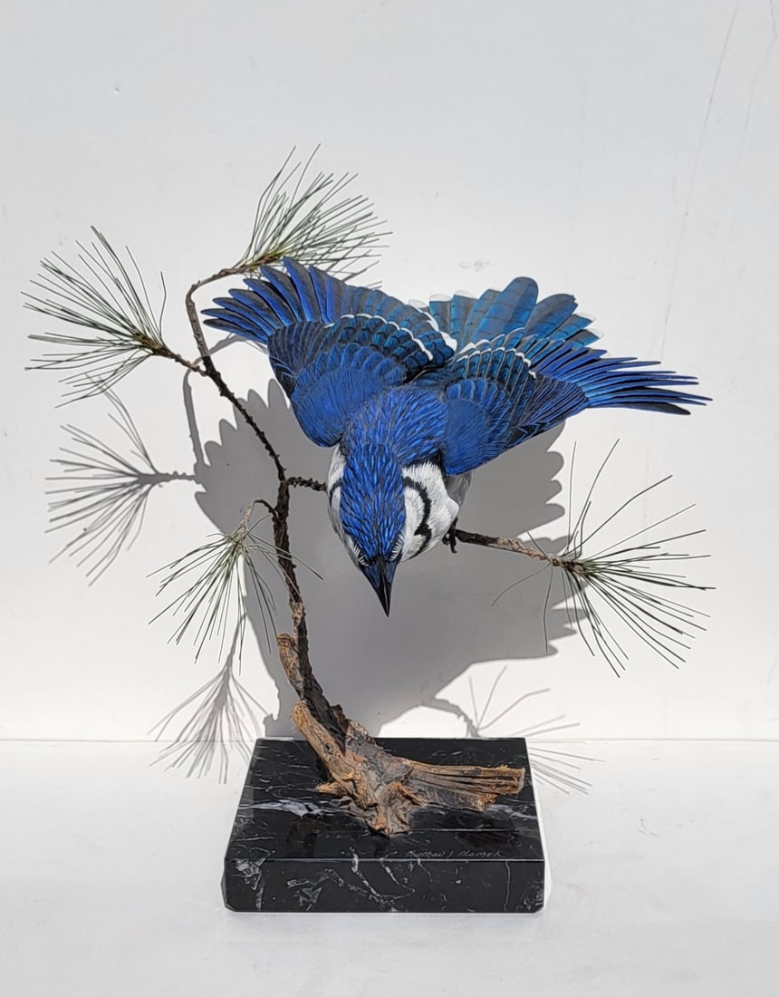Large Matthew Placzek Bird Carving Blue Jay 13.5in High Overall Carved Wood Metal And Signed Marble (1 of 6)