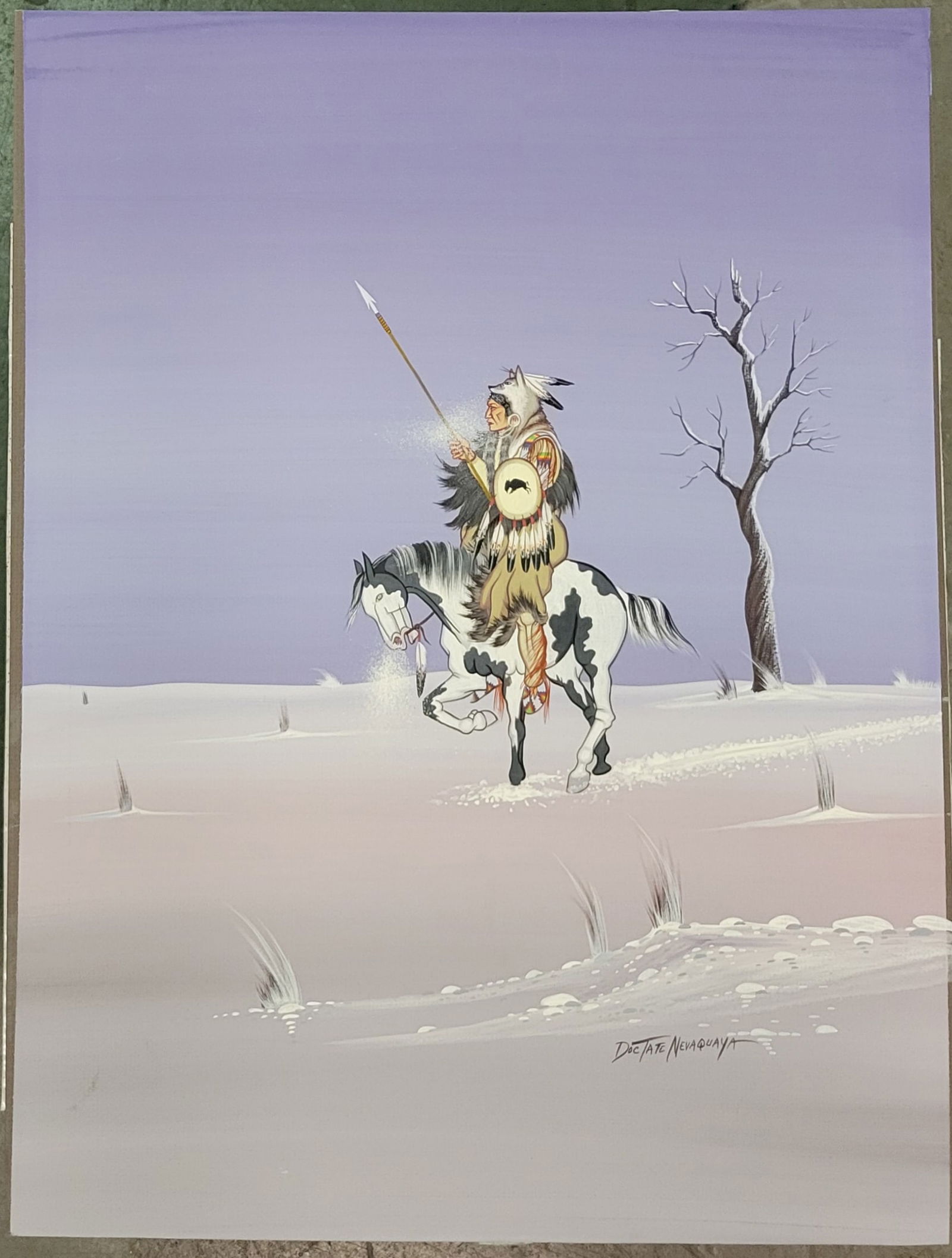 Doc Tate Nevaquaya Comanche Winter Gouache Horse Native American Rider Winter Landscape Painting (1 of 2)