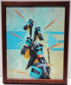 Randall Sahmie Hopi Native American Ceremonial Mask Semi Abstract Figure Painting 1985