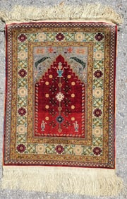 Fine Vintage Silk Prayer 25.8in x 19.1 Rug Persian Carpet Semi Geometric Mat