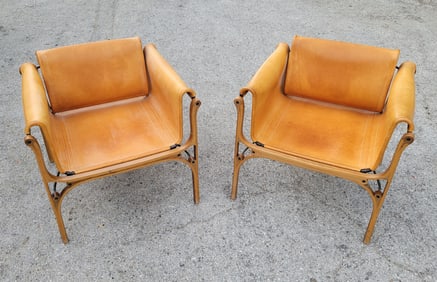 Pair Christian Valdes Leather Bentply Armchairs MCM To Brutalist Ex Chilean Executive