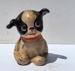 Vintage Painted Cast Iron Puppy Dog Still Bank With Lucky Penny