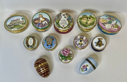 Collection 12 Halcyon Days Enamel Miniature Boxes Ranging From 1 Inch To 2 Inches Bilston And Batter