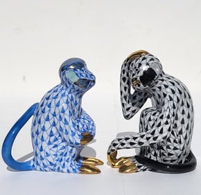 Lot 2 Herend Fishnet Monkeys Benefits Center For Great Apes Hungarian HP Porcelain Statue Figures 3