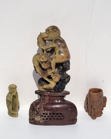 Lot 3 Chinese Late Qing Monkey Soapstone Carvings Benefits Center For Great Apes Statue Figure Sculp