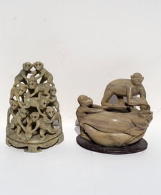 Lot 2 Chinese Late Qing Monkey Soapstone Carvings Benefits Center For Great Apes Statue Figure Sculp