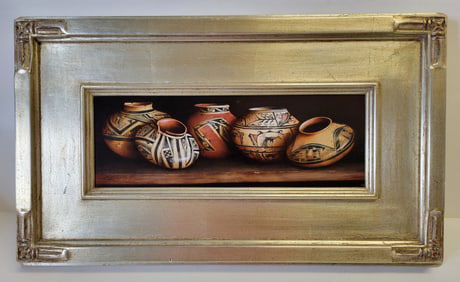 Cheryl English Native American Pottery Still Life Painting Titled The Collection 5 X 14 Inches Signe