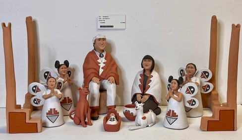Joe Cajero Jr Pueblo 15 Piece Clay Nativity Native American Pottery Figure Group Statue Sculpture Wi