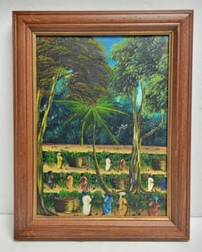 Mystery Signed Haitian Harvesting Oil Farens Haiti Lower Right 16 X 12 Inches Oil Canvas Wood Frame