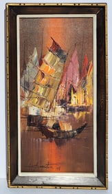 Cesar Buenaventura Filipino Oil Sunset Fishing Boats Impressionist MCM Brutalist Marine Seascape Asi