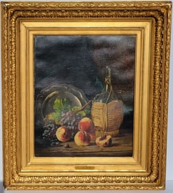 Large Eugene Claude French Salon Artist Still Life Table Top Fruit And Wine Bottle Exhibition Grade