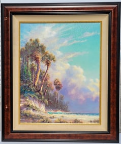 Large Florida Artist Art Fronckowiak Hand Embellished Canvas Giclee Ed100 Signed Beach Palm Trees FL