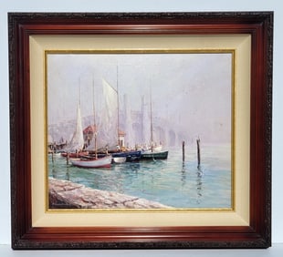 Florida Artist Art Fronckowiak Hand Embellished Canvas Giclee Ed50 Signed Moored Fishing And Sail Bo