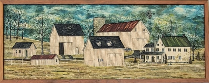 Large Dolores Hackenberger Lancaster County Farmstead Oil Artist Known For Pennsylvania Dutch Genre