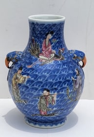 Qianlong Mark Antique Chinese Enamel Immortals Vase 7.5 Inches Bird Handles