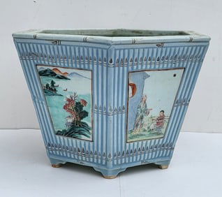 Antique Chinese Famille Rose Jardiniere Porcelain Enamel Illustrated Panels Flower Pot 7 x 10.75 x 9