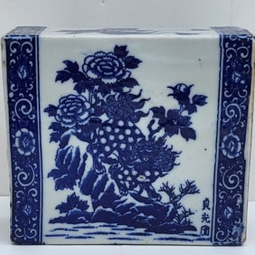 Antique Chinese Circa Qing Blue White Rectangular Floral Jardiniere Planter 6 X 5 X 2.5 Inches Signe