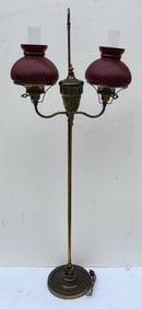 Vintage Brass Double Student Floor Lamp Single Faux Font 2 Ribbed Cased Or Flashed Shades 55.5in