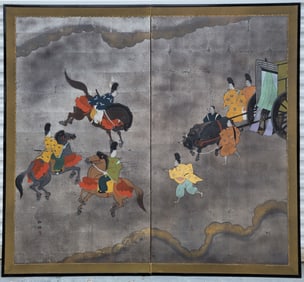 Large Antique Signed Stamped Japanese Folding 2 Panel Screen 67 X 73 Inches Edo To Meiji Possibly Ka