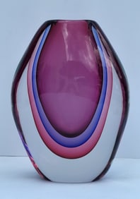 Large 1990s Artist Signed Dated Murano Italian 11 Inch Heavy Art Glass Multicolor Vase Mystery