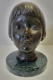 Signed Stamped Vintage Mystery Ginny Anderson Bronze Girl Portrait Head Statue Sculpture Figure