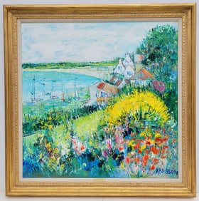 Large Yolande Ardisonne Wally Findlay Spring Beach French Impressionist Harbor Landscape Oil
