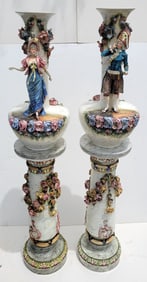 Monumental Pair Continental Faience Male Female Figural Jardiniere Pedestal Aprx 6ft  Antique