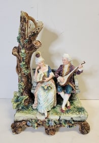 Large Antique Italian French Continental Majolica Rococo Couple Serenade Rusticated Tree Vase Statue